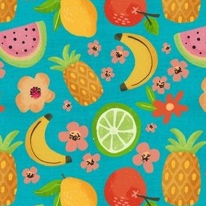 Colorful Block Print Tropical Fruits_leaves and flowers blue_small