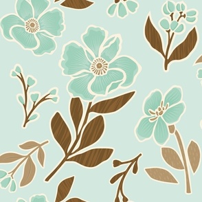 Apple Butter Apple Blossom Celadon Light Teal and Chocolate Mocha Sepia Espresso Brown Floral with Texture Quilting
