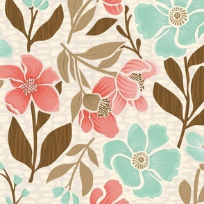 Apple Butter Hero Print Busy Textural Floral Apple Blossom Soft Teal and Raspberry Pink n Cream and Ecru Texture Quilting