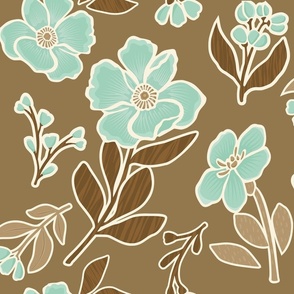 Apple Butter Apple Blossom Celadon Light Teal and Chocolate Espresso SepiaBrown Floral with Texture Quilting