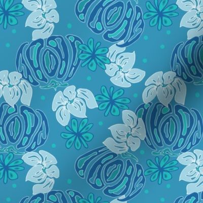 Maracaibo Island Flowers | Hawaii Floral Blue Turquois | Small Scale | non directional