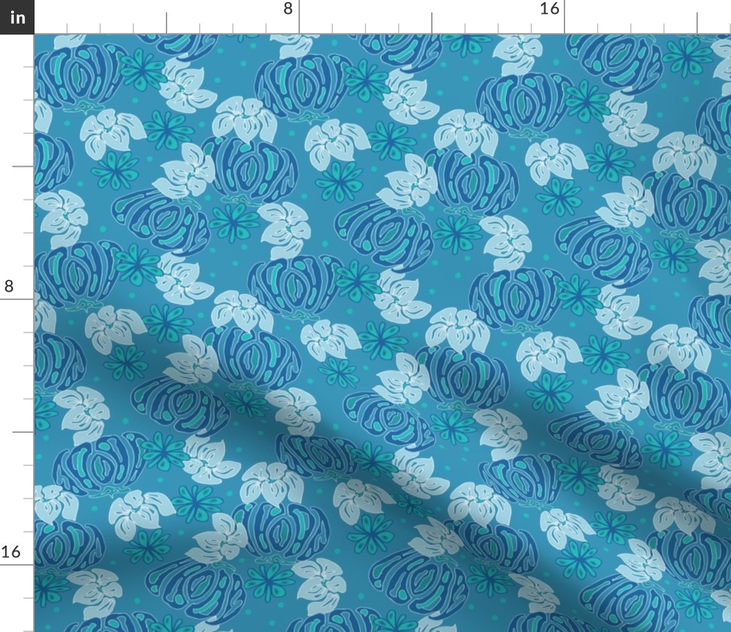 Maracaibo Island Flowers | Hawaii Floral Blue Turquois | Small Scale | non directional