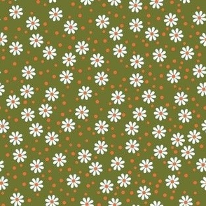 Retro White Daisy Meadow on MCM Olive Green 