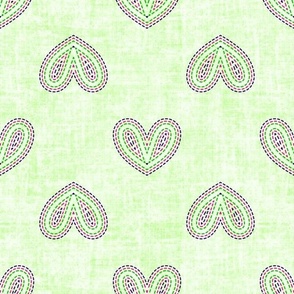 FAUX EMBROIDERY HEARTS • INDIGO/PINK/GREEN/WHITE//SPRING GREEN LINEN