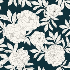 Large Scale // Charcoal Sketched Cream Peonies on Navy Blue