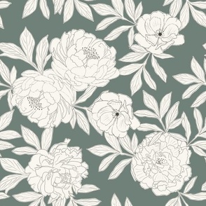 Large Scale // Charcoal Sketched Cream Peonies on Sage Green