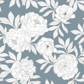 Large Scale // Charcoal Sketched White Peonies on Indigo Blue