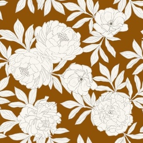 Large Scale // Charcoal Sketched Cream Peonies on Burnt Umber