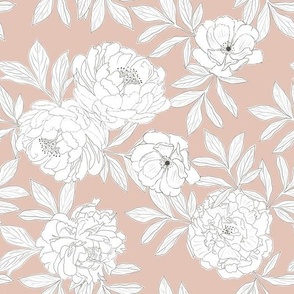 Large Scale // Charcoal Sketched White Peonies on Blush Rose Pink
