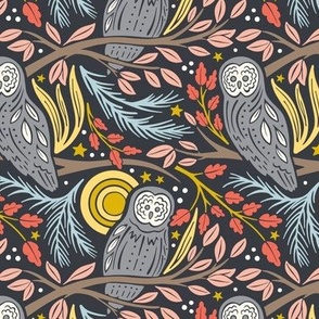 Great Gray Owls in Autumn Moonlight 