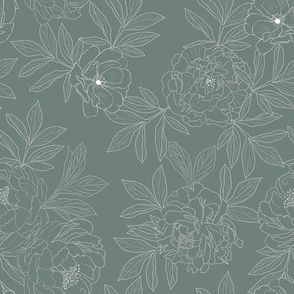 Large Scale // White Sketched Peonies on Sage Green 