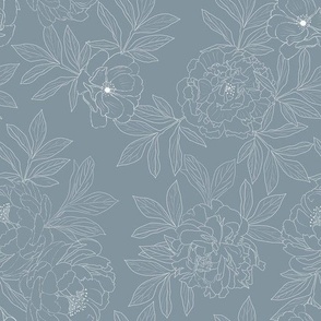 Large Scale // White Sketched Peonies on Indigo Blue