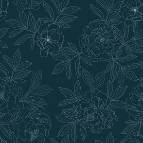 Large Scale // Baby Blue Sketched Peonies on Navy Blue