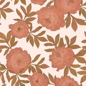 Large Scale // Deep Peach Sketched Peonies on Barely Pink