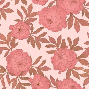 Large Scale // Deep Peach Sketched Peonies on Carnation Pink