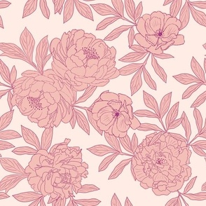 Large Scale // Carnation Pink Sketched Peonies on Barely Pink