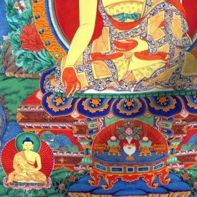 2 Buddha Buddhism religion god deity Lotus cross legged position Meditating praying flowers floral altar throne halo garden rivers lakes mountains peacocks ancient chinoiserie  brocade monk robes lions pearls leaves East South Asian Oriental Indian Chines