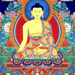 2 Buddha Buddhism religion god deity Lotus cross legged position Meditating praying flowers floral altar throne halo garden rivers lakes mountains peacocks ancient chinoiserie  brocade monk robes lions pearls leaves East South Asian Oriental Indian Chines