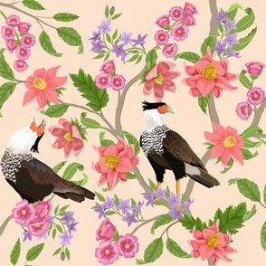 Crested Caracara with Trailing Chinoiserie Flowers - peach