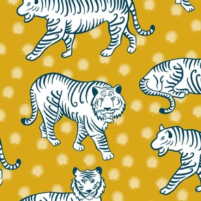 white and blue tigers on gold | large