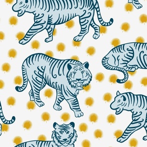 walking and sitting tigers in blue, gold and light gray | large