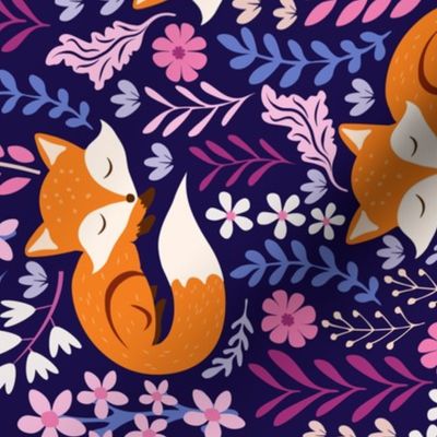 Rotate Sleepy Fox, Foxes and Floral, Fox Fabric, Cute Fox Print