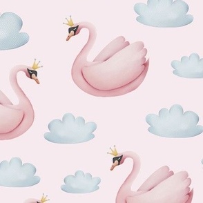 Swans and clouds on light pink background normal size 10.48in x 10.48in