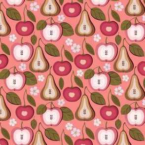 Fruit treats, pear, cherry and pink apples on pink background