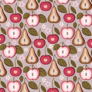 Fruit treats, pear, cherry and pink apples on grey-lilac background