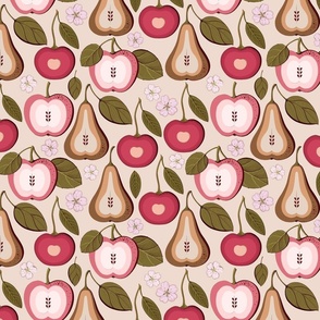 Fruit treats, pear, cherry and pink apples on a beige background
