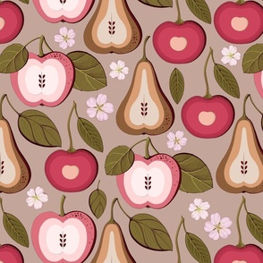 Fruit treats, pear, cherry and pink apples on a dark beige background