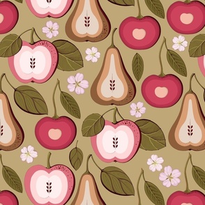 Fruit treats, pear, cherry and pink apples on green background