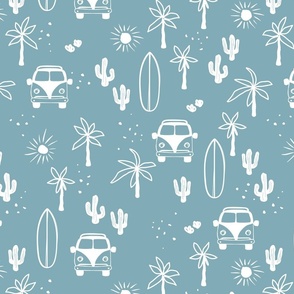 Summer day surf camp happy camper surf boards and palm trees island vibes vintage blue boys LARGE wallpaper