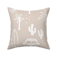 Summer day surf camp happy camper surf boards and palm trees island vibes vintage beach sand neutral bedroom for kids wallpaper