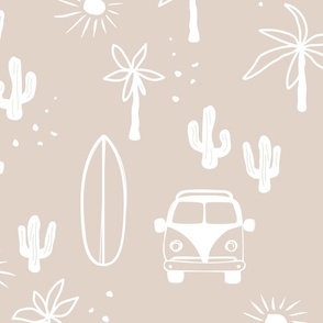 Summer day surf camp happy camper surf boards and palm trees island vibes vintage beach sand neutral bedroom for kids wallpaper