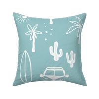 Summer day surf camp happy camper surf boards and palm trees island vibes vintage soft blue boys WALLPAPER