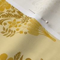 hibiscus flowers and palm leaves damask on yellow | small