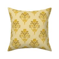 hibiscus flowers and palm leaves damask on yellow | small