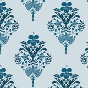 hibiscus flowers and palm leaves damask on light blue | small