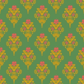 hibiscus flowers and palm leaves in marigold and coral on kelly green | small