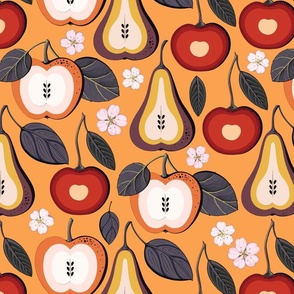 Fruit treats, pear, cherry and apples on orange background