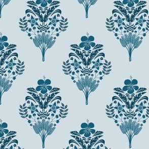  hibiscus flowers and palm leaves damask in dark and light blue | medium