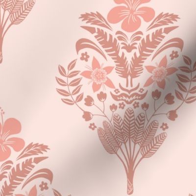 hibiscus flowers and palm leaves damask in melon and pink | medium
