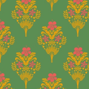 hibiscus flower damask in marigold and coral on kelly green | medium