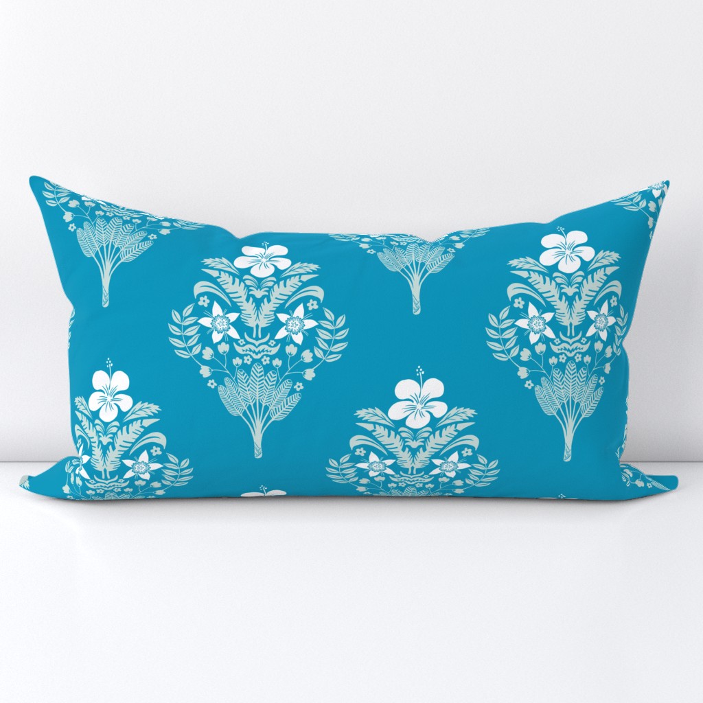hibiscus flowers and palm leaves damask on caribbean blue | medium
