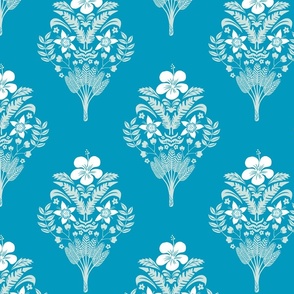 hibiscus flowers and palm leaves damask on caribbean blue | medium