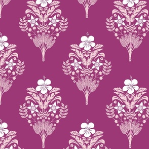 hibiscus flowers and palm leaves damask on berry | medium