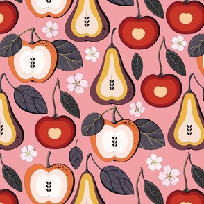 Fruit treats, pear, cherry and orange apples on pink background