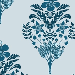 hibiscus flowers and palm leaves blue | large