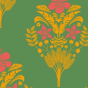 hibiscus flowers and palm leaves in marigold and coral on kelly green | large
